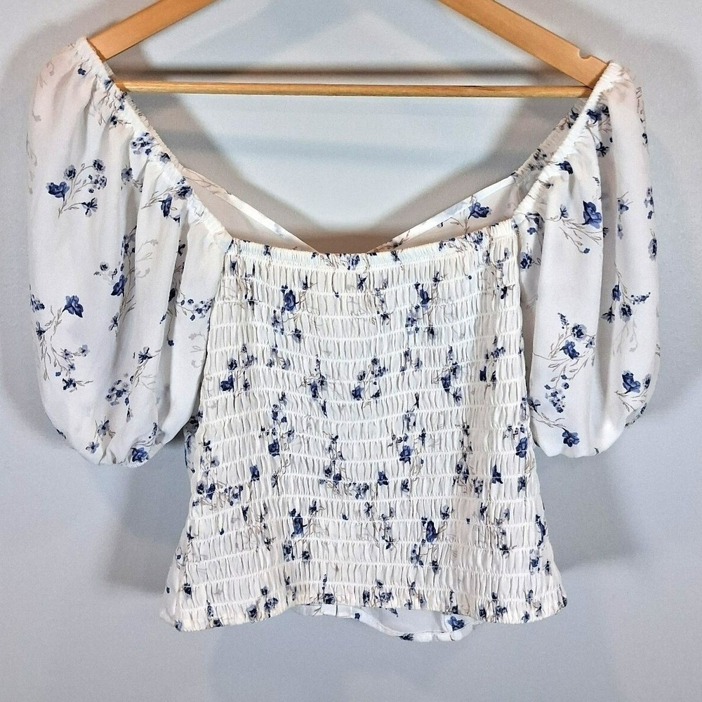 Sienna Sky Blue White Floral Milkmaid Top Large Boho Corset Puff Sleeve Coquette - Picture 8 of 10